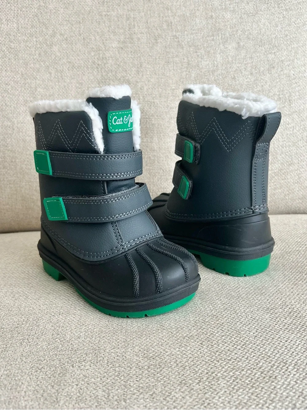 NEW Cat & Jack Toddler Winter Snow Boots Gray/Green Faux Fur Size 8